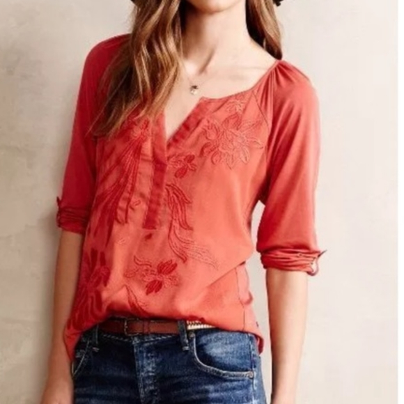 Anthropologie Tops - TINY Anthropologie Embroidered LORE HENLEY Top S